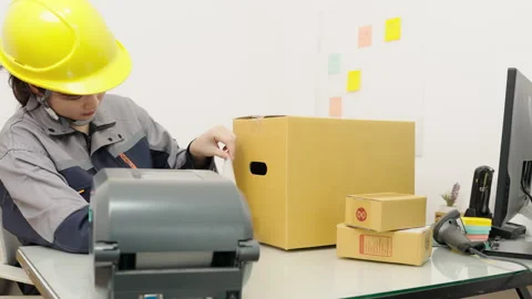 Female construction worker handle parcel boxes by attaching barcode sticker Stock Footage 327848005