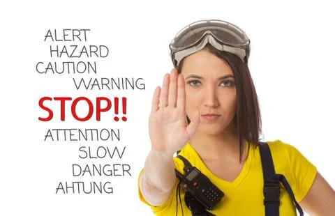 A female construction worker holding a stop signal - isolated. Stock Illustration