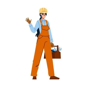 Female construction worker holding toolbox waving hello Stock Illustration