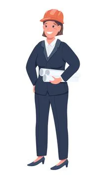 Female construction worker semi flat color vector character Stock Illustration