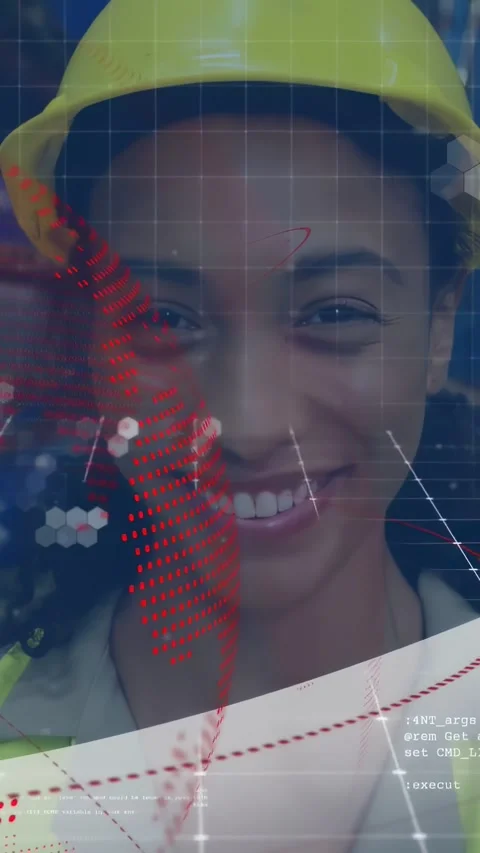 Female construction worker smiling while HUD grid drifting hiding face causing Stock Footage 334382405