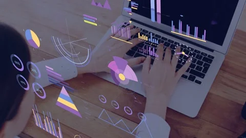 Female content creator typing on laptop initiating animated data HUD over hands Stock Footage 334768873