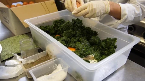 A female cook putting some eggs on the spinach and ricotta cheese in t.. Stock-Footage 72301902