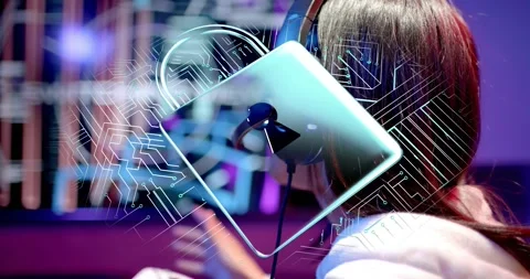 Female creator speaking into microphone materializing padlock rotating around Vídeo Stock 318668178