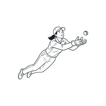 Female cricket player diving catch action sportswoman fielding airborne Stock Illustration