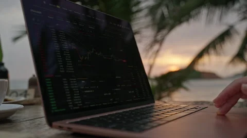 Female crypto trader at laptop checking candlestick charts online working Stock Footage 236673302