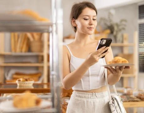 Female customer scanning QR code on label of fresh baked goods in bakery Stockfoto's
