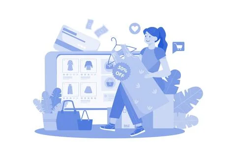 Female Customers Using Digital Gadgets For Online Shopping On Sales. Stock Illustration