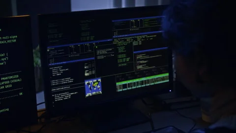 Female Cybercriminal Programming on Computer Screens during Nighttime Breach Stock Footage 328242926