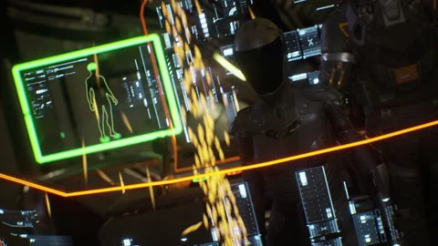 A female cyborg at the bridge during the Battle of Star Wars 25 Stock Footage 167366380