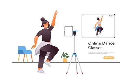 Female dancer doing dancing exercises while watching online video training Illustrazione stock