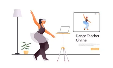 Female dancer doing dancing exercises while watching online video training Illustrazione stock