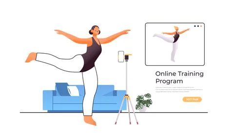 Female dancer doing dancing exercises while watching online video training Illustrazione stock
