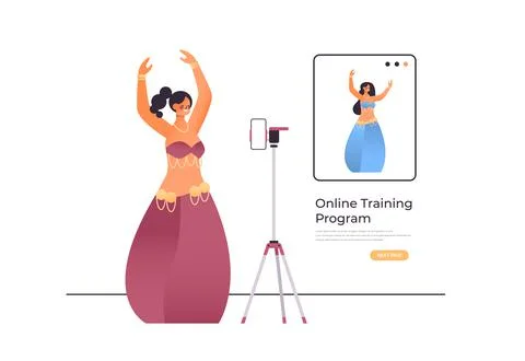 Female dancer dressed in eastern style doing dancing exercises online video Illustrazione stock