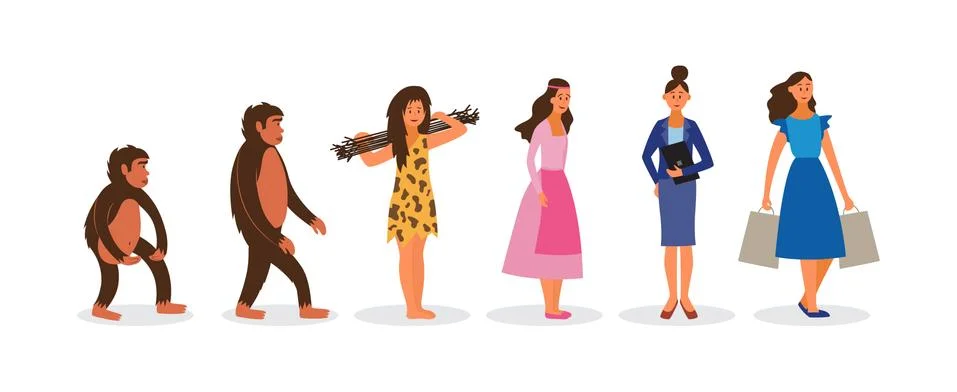 Female Darwin evolution chain from monkey to happy woman with shopping bags. Stock Illustration