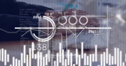 Female data analyst typing on keyboard, initiating animated waveform HUDs Stock Footage 328583686