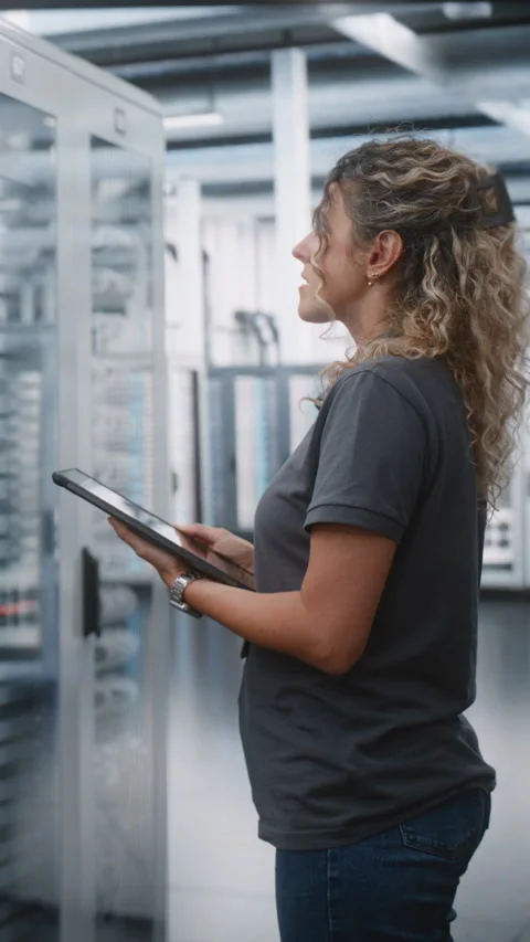 Female Data Center Engineer Inspecting Server Infrastructure with Tablet Stock Footage 344954324