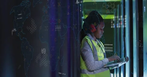 Female data center tech tapping tablet in aisle, generating network map overlays Stock Footage 331235517