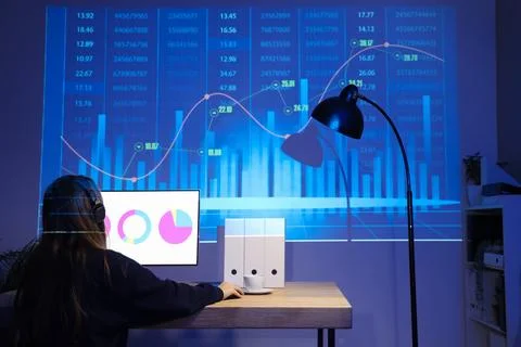 Female data scientist working with computer at desk in dark office, back view 写真素材