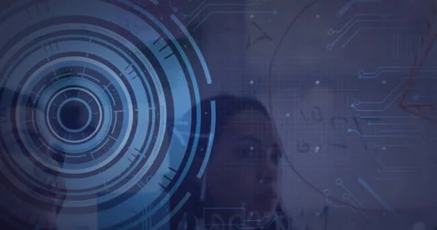 Female data scientist writing on whiteboard in tech lab, showing HUD graphics Stock Footage 308655012