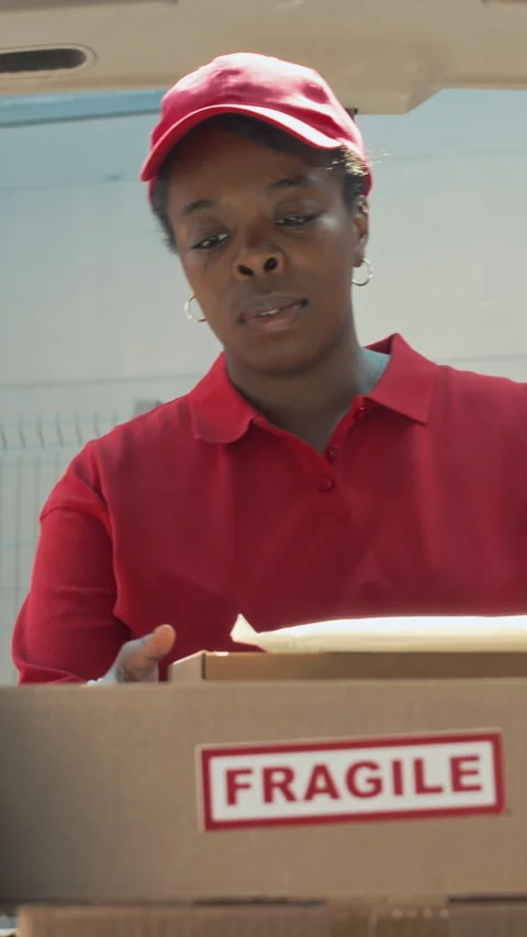 Female Delivery Agent Opening Van Trunk to Find Box among Fragile Parcels Stock Footage 280960349
