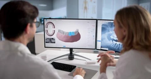 Female Dentist Uses Computer Screen To Monitor Dental Disease In A Patient. P Stock Photos