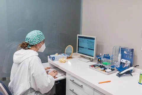 Female dentist using computer at office desk. Looking at the screen. Stock Photos