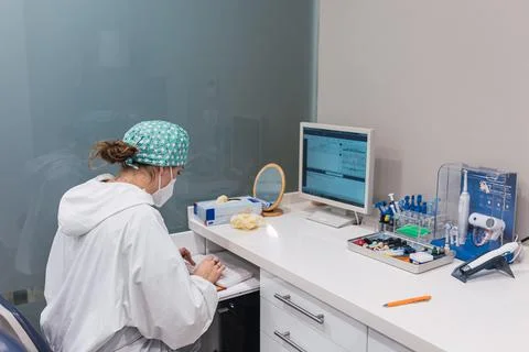 Female dentist using computer at office desk. Looking at the screen. Stock Photos
