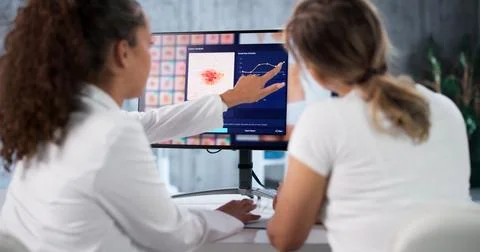 Female Dermatologist Using Computer Technology To Diagnose Skin Cancer Stock Photos