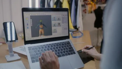 Female designer develops 3D design of clothes Foto stock