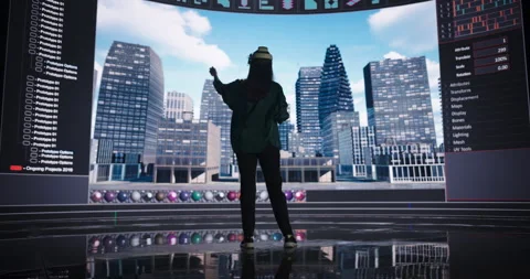 Female Designer Using VR with Screen Wall Creating City Buildings Video stock 318081197