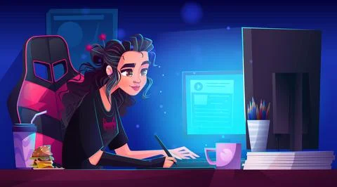 Female designer working on computer at night イラスト素材