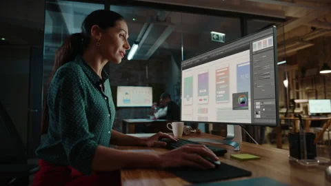Female Designer Works on Computer in Creative Office Stock Footage 143745174