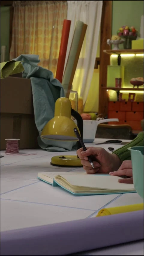 Female designer writing a plan in notebook on messy worktable in creative worksh Stock Footage 328605028
