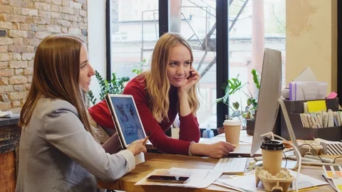 Female Designers Presenting Interior Project on Tablet via Video Call Stock Footage 115453439