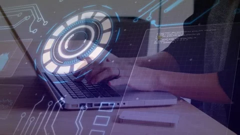 Female dev typing on silver laptop, initiating HUD over trackpad and code panels Stock Footage 328446617