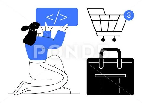 Female developer coding with elements of online shopping cart and business .. 库存插图