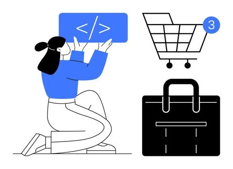 Female developer coding with elements of online shopping cart and business .. Stock Illustration