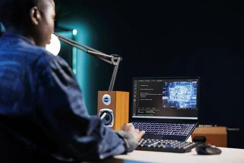Female developer coding on laptop Foto stock