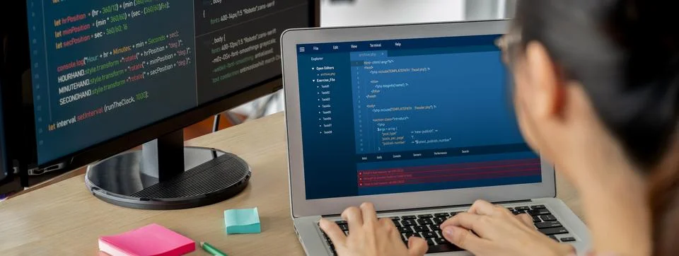 Female developer coding on laptop while computer display program. Burgeoning. Foto stock