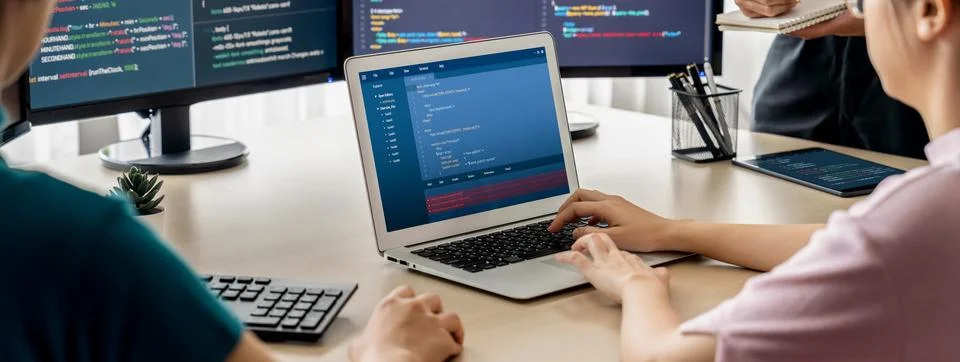 Female developer coding on laptop while computer display program. Burgeoning. Stock Photos