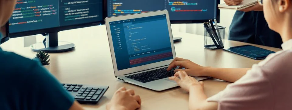 Female developer coding on laptop while computer display program. Burgeoning. 스톡 사진