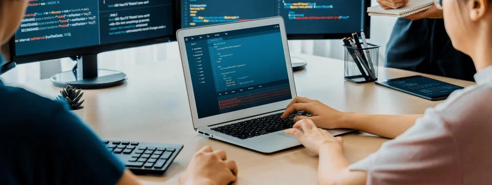 Female developer coding on laptop while computer display program. Burgeoning. Stock Photos