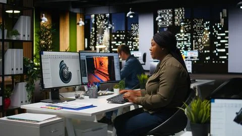 Female developer creates Mars virtual station video game using AI tools Stock Photos