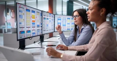 Female Developer Creating User-friendly App Interface For Mobile Devices Onli Foto stock