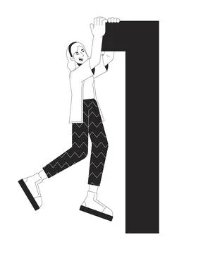 Female developer with digit one black and white 2D line cartoon character 스톡 일러스트