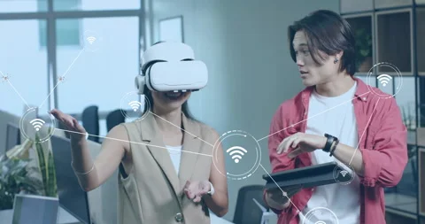 Female developer donning VR headset pulling Wi-Fi icons, engineer swiping tablet Stock Footage 315508941