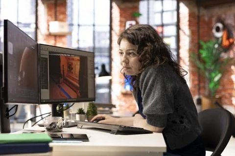 Female developer interacts with virtual AI assistant on PC to design a game hub 写真素材