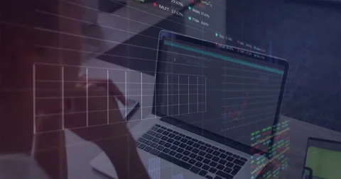 Female developer leaning at desk in tech workspace, analyzing animated code and Stock Footage 307468612