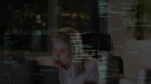 Female developer leaning toward glowing monitor in night office, analyzing code Stock Footage 333035011
